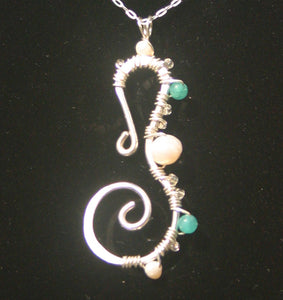 Sterling Silver Seahorse - Pearl and Aqua Apatite (Large)